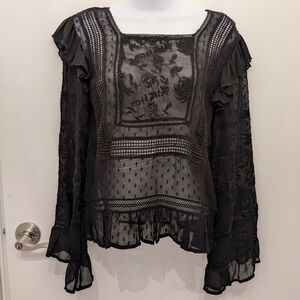 Zara Black Embroidered Sheer Ruffle Top